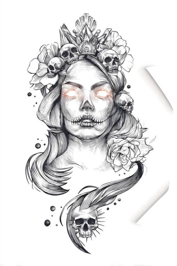Black and grey line-art portrait of a woman with skull crown and flowers; visible elements: woman, skulls, crown, flowers, hair; pattern-rich cover-up-ready tattoo project.