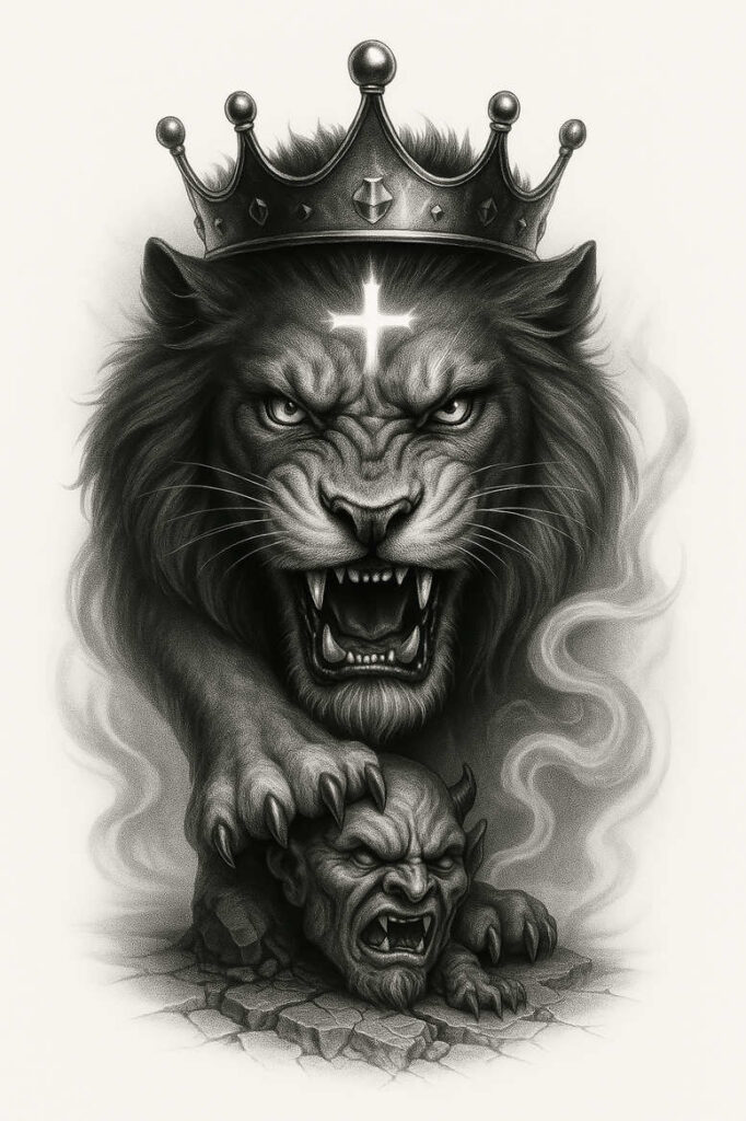 Black and grey tattoo design: a roaring lion with crown pinning a demon on cracked ground; cross on forehead; AI-generated tattoo project; cover-up ready.