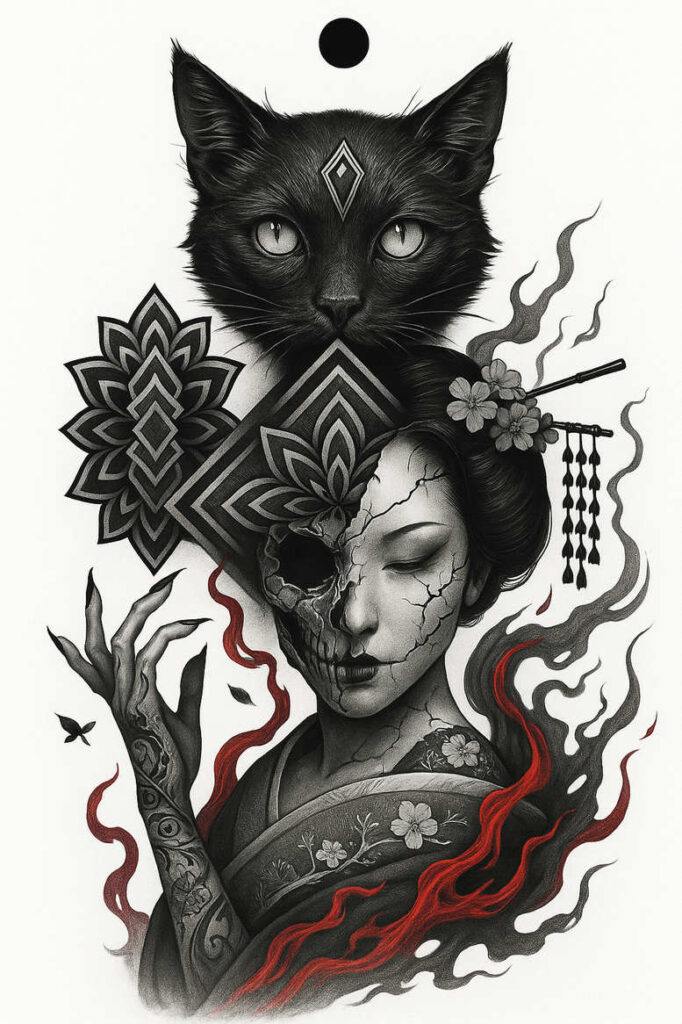 Geisha portrait in black and grey with cracked mask, cat on top, geometric motif, flowers, and tassel; AI-generated tattoo project; cover-up suitable.