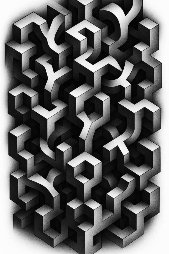 Cube lattice pattern in black and grey, AI-generated tattoo project, ideal for a cover-up.