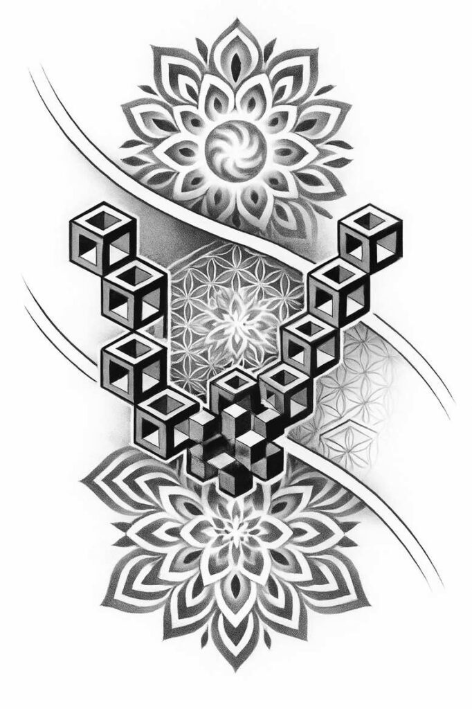 Black and grey tattoo design with cube lattice, flower mandalas, and curved lines; AI-generated tattoo project; cover-up ready.