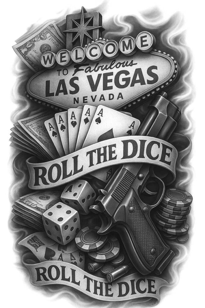 Black and grey tattoo design project with Las Vegas sign, money, cards, dice, gun, chips, and Roll the Dice banner; perfect for a cover-up.