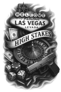 Black and gray tattoo design showing gun, roulette wheel, Las Vegas sign, dice, money, chips, and bullets; AI-generated tattoo project; cover-up ready.
