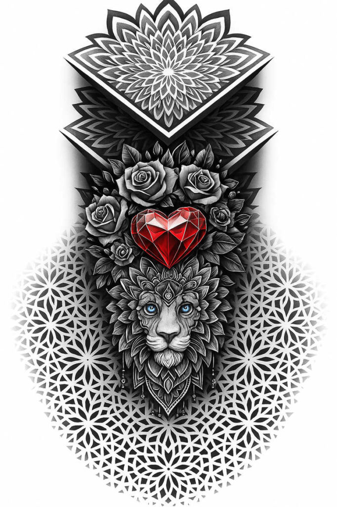 Lion head in black and grey with blue eyes, surrounded by roses and a red heart, beneath geometric mandala and floral patterns; black and grey tattoo design idea; suitable for cover-up.