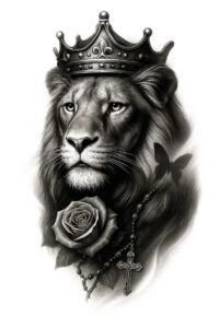 Lion wearing crown with a rose and rosary beads and cross, in black and grey shading; AI-generated tattoo project; cover-up-ready.