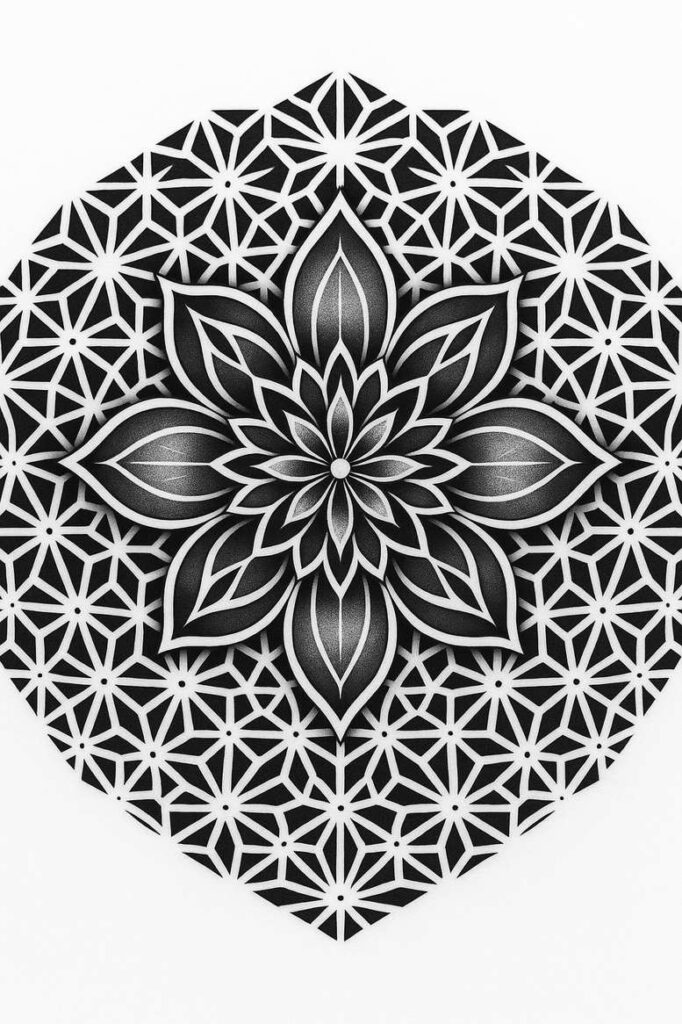 Lotus flower with layered petals in black and grey on a white background, inside a circular geometric pattern; AI-generated tattoo project; cover-up ready.