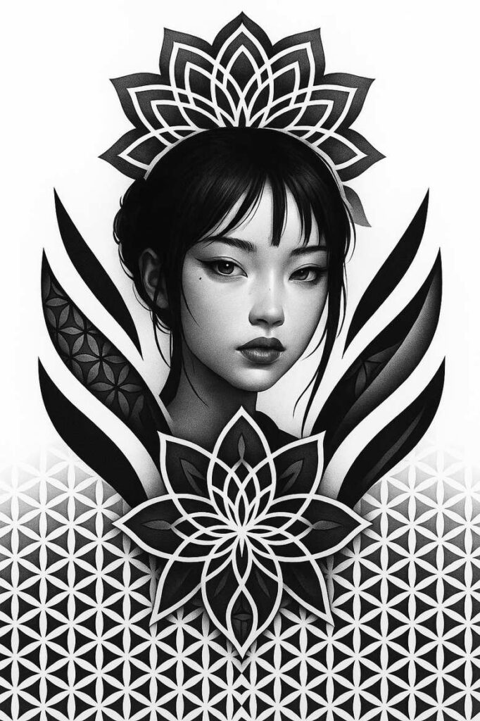 Portrait of a woman with a black-and-grey headpiece and lotus motifs, geometric pattern background; cover-up-ready tattoo project.