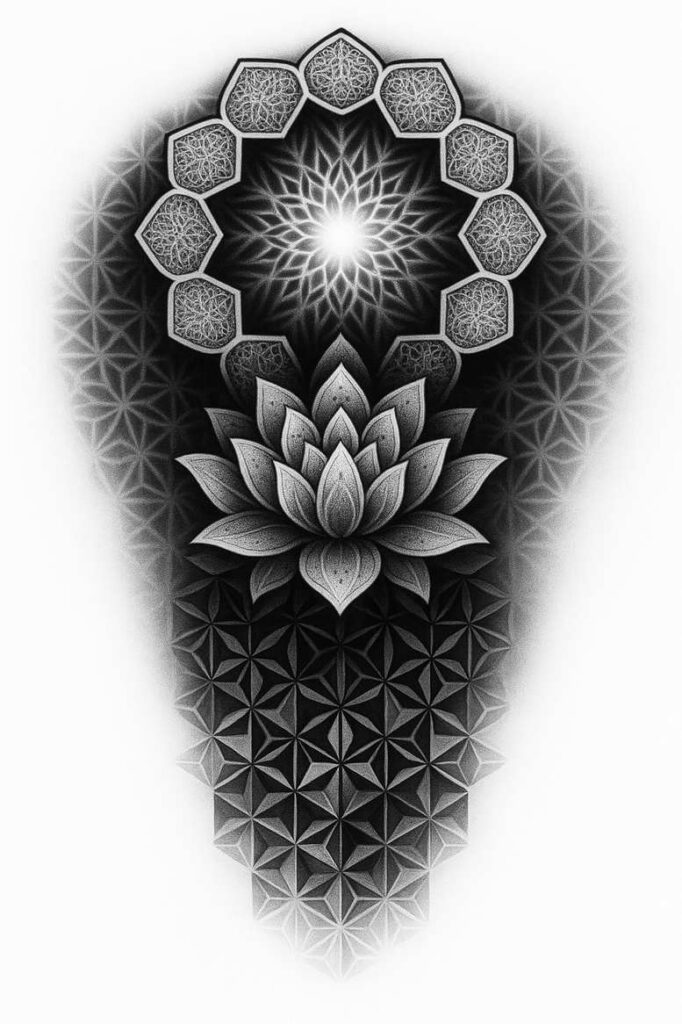 Black-and-grey tattoo with lotus, hexagon halo, star glow, tessellated background; pattern; project idea; cover-up suitable.
