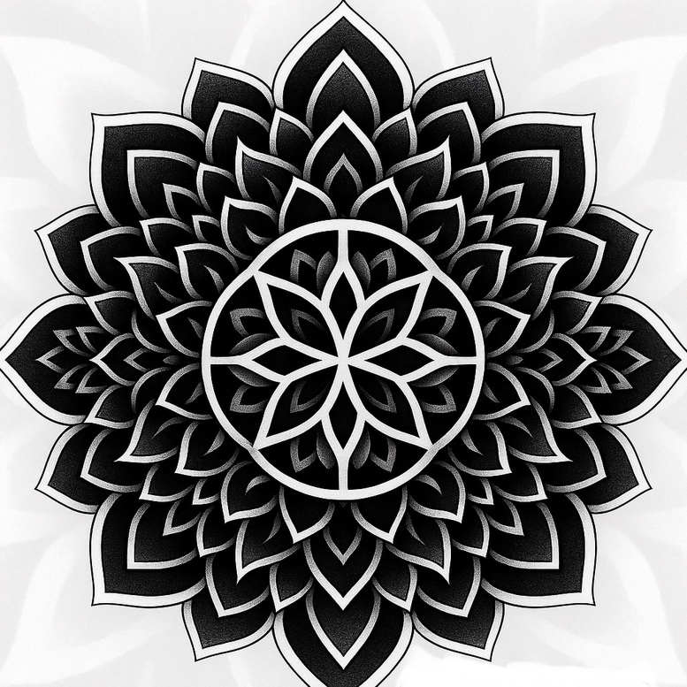 Circle, petal, lotus mandala in black and grey; pattern-rich project idea, perfect for a cover-up.