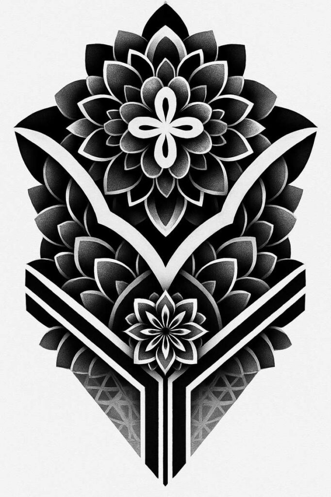 Black and grey mandala flower with layered petals, chevron lines, and geometric pattern; project, cover-up suitable.