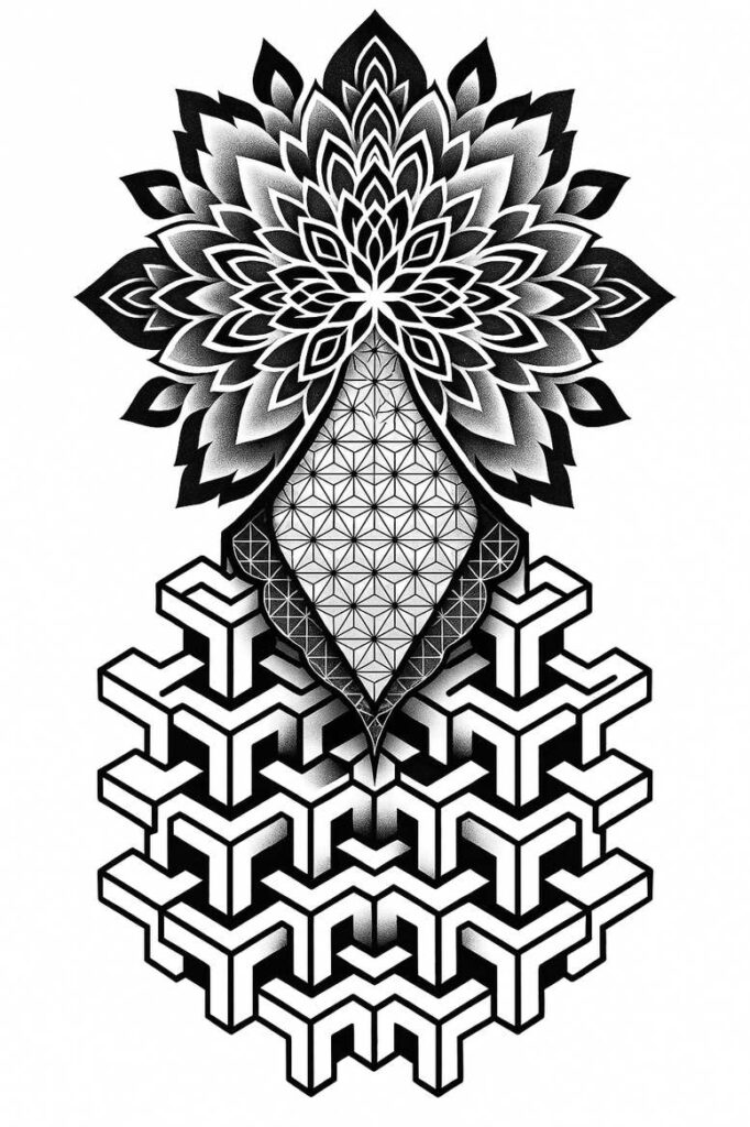 Black and grey tattoo design: mandala flower crown above geometric diamond shield and interlocking maze base; a cover-up project.