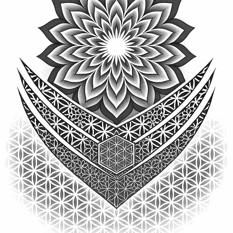 Black and grey mandala with chevron bands over a flower-of-life pattern background; tattoo project; cover-up-ready.