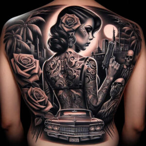 Back tattoo design in black and grey; noir woman with rose, gun, skull, car, city skyline and palm motif; project idea; cover-up suitable.