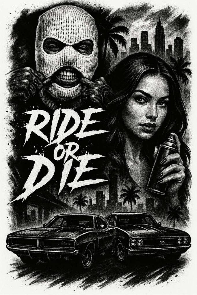 Mask, woman, spray can, car, palm tree, city skyline; black and grey; tattoo project idea; cover-up suitable.