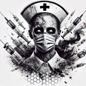Black and grey nurse portrait wearing a mask, cracked skin, surrounded by syringes and a honeycomb pattern; tattoo project; cover-up-ready.