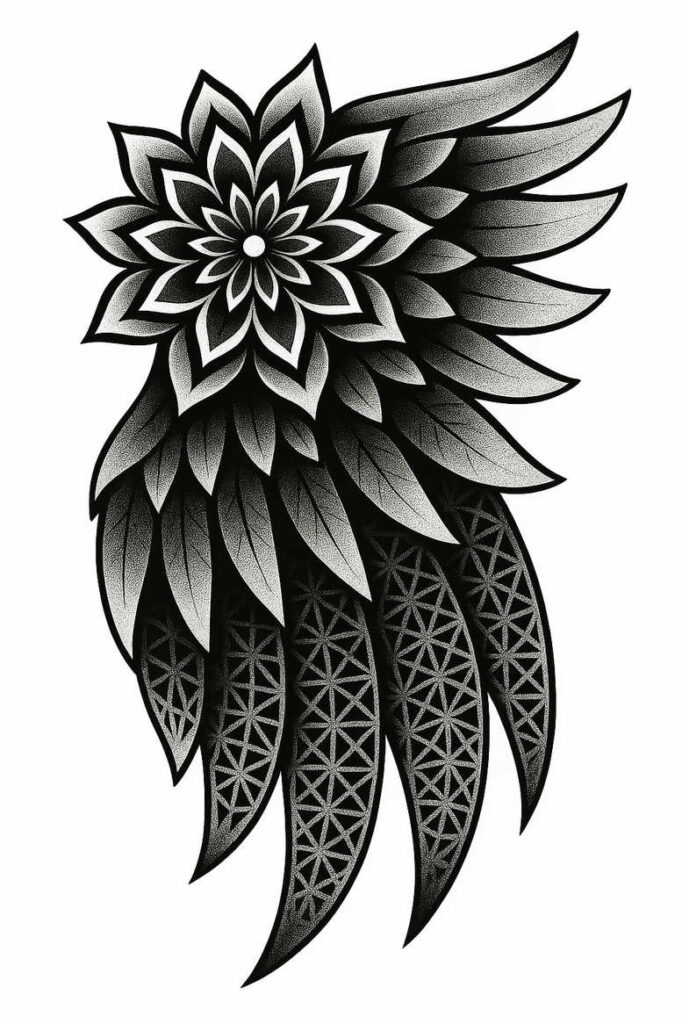 Flower, petal, and leaf shapes in black and grey; AI-generated tattoo project; pattern-focused cover-up suitability.