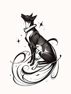 Dog in black and grey line-art style with flowing swirls; project idea; suitable for a cover-up.