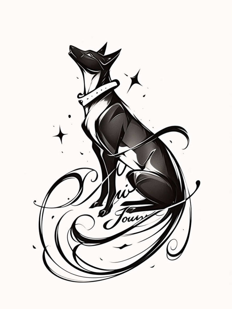 Dog in black and grey line-art style with flowing swirls; project idea; suitable for a cover-up.