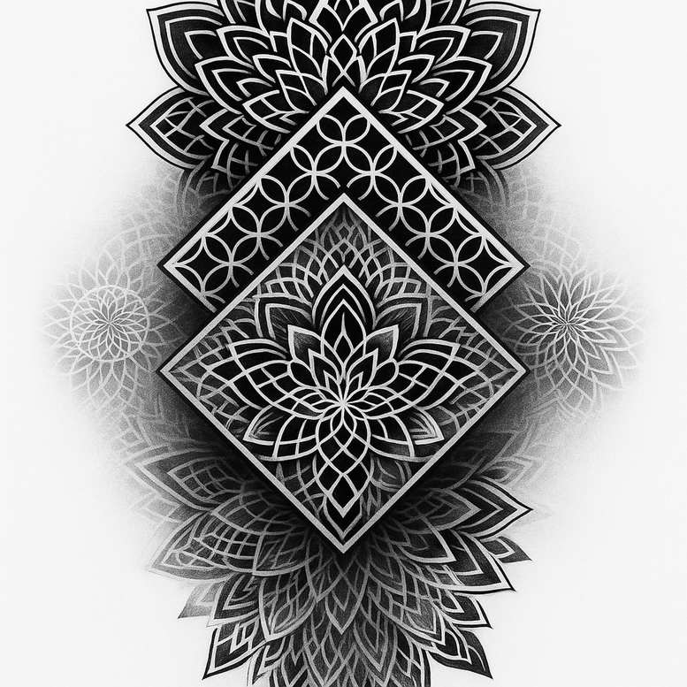 Black and grey tattoo project: diamond frame, flower mandala, circle pattern; cover-up-ready.
