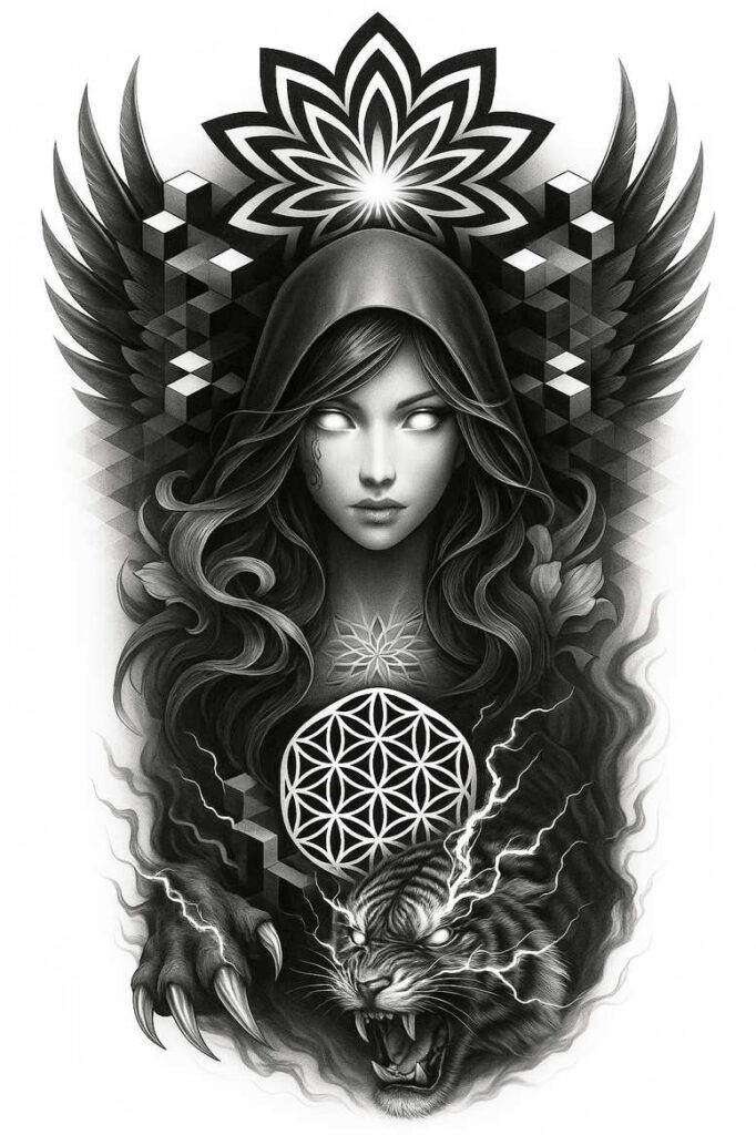 Black and grey tattoo design of a woman with hood and flowing hair, wing behind her, tiger head, circle with geometric flower of life, cube geometry, and lightning; AI-generated cover-up project.