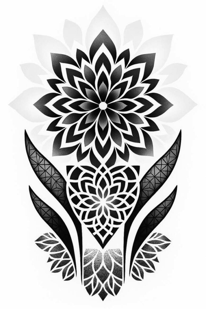 Black and grey tattoo design featuring a central mandala flower with layered petals and surrounding curved leaves; a tattoo project idea for cover-up.