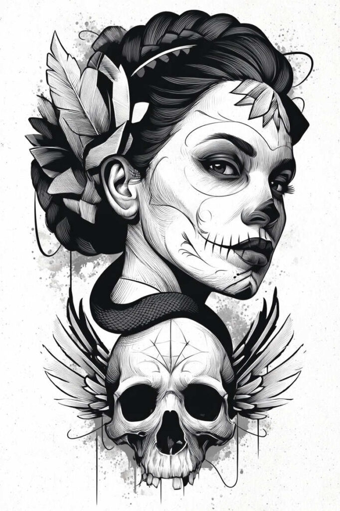 Portrait of a woman with sugar skull makeup and floral headpiece, a snake around the neck, and a skull with wings below; black and grey tattoo project; cover-up ready.