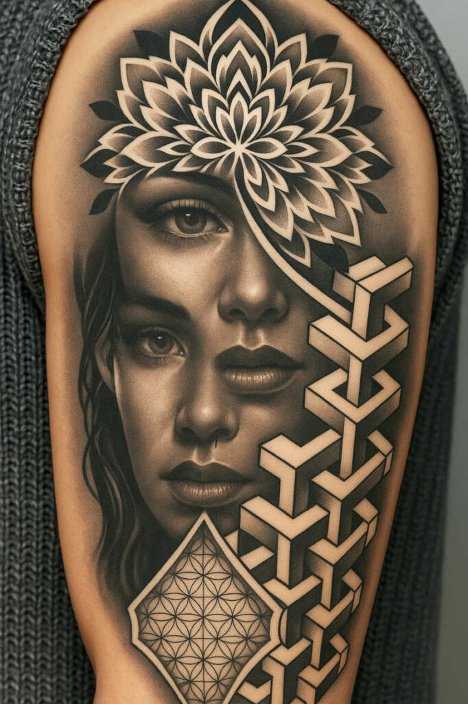 Black and grey tattoo design of a woman's face with a mandala crown, geometric chain, and shield pattern; AI-generated tattoo project; cover-up ready.