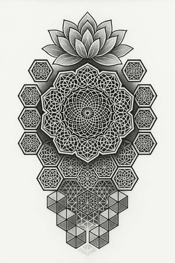 Black and grey tattoo design project featuring lotus, mandala, hexagon, triangle, and circle; suitable for a cover-up.