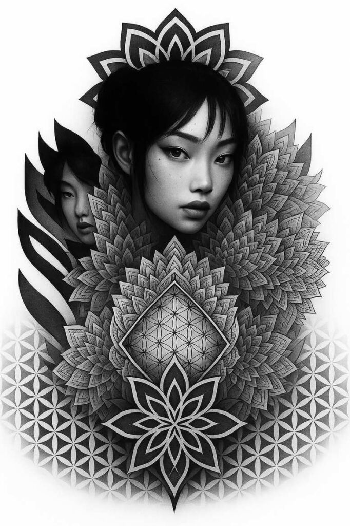 Black and grey tattoo project featuring a woman's face with flowing hair, surrounded by layered petals, a central diamond motif, and a flower-of-life pattern; cover-up ready.