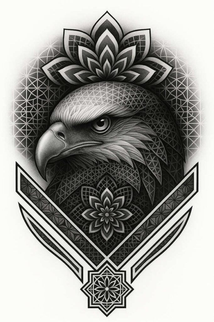 Black and grey cover-up-ready tattoo project showing an eagle head in profile with lotus flower and geometric mandala patterns.
