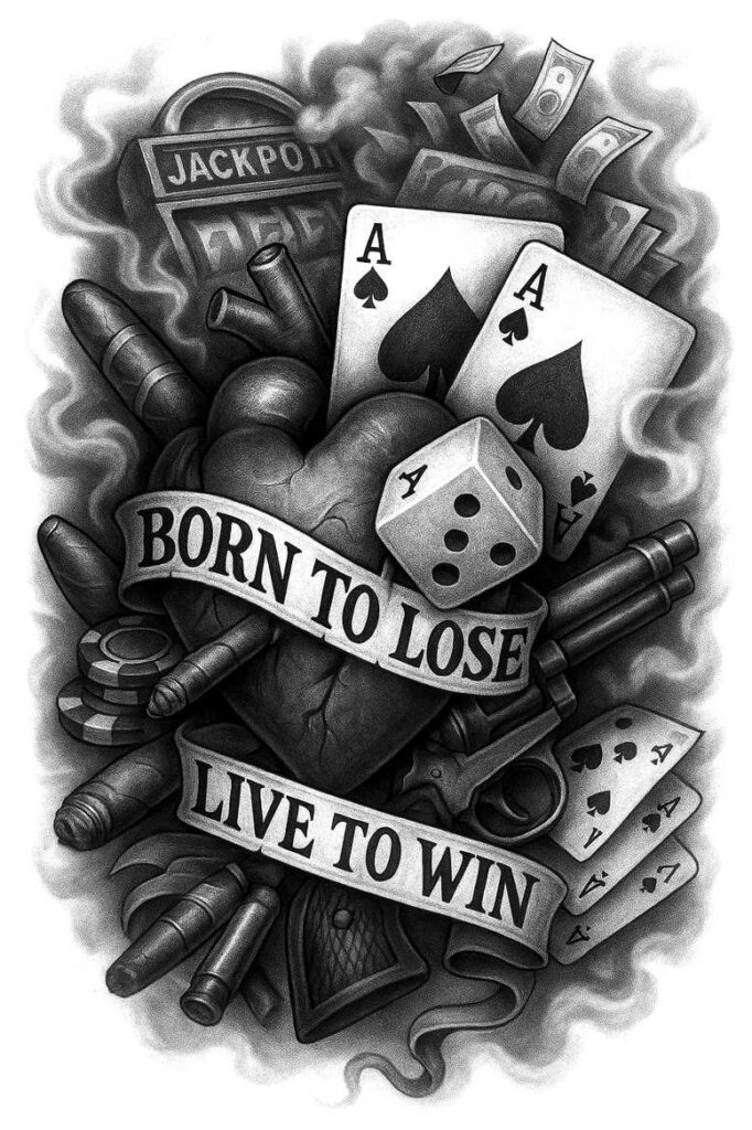 Black and grey tattoo design featuring a central heart with a 'Born to Lose Live to Win' banner, flanked by playing cards, a die, chips, and cigars; cover-up ready.