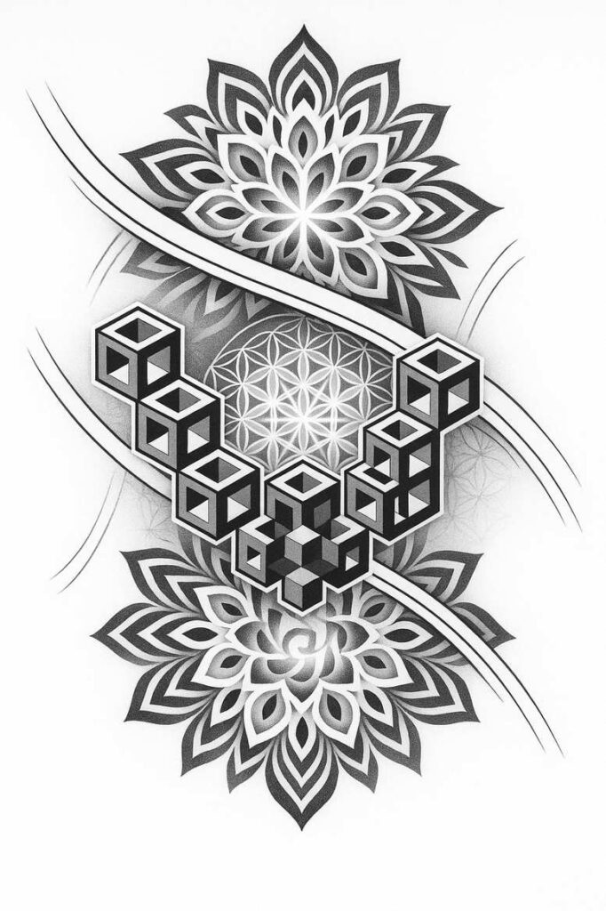 Black and grey geometric cubes form a central lattice with mandala petals and curved bands; pattern-rich cover-up-ready tattoo design concept.