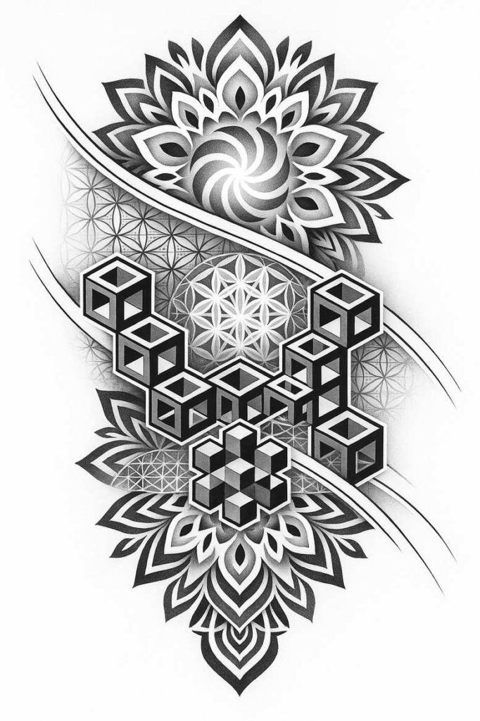 Black and grey tattoo design featuring a cubic lattice, circular mandala pattern, and lotus-inspired petals; cover-up project.