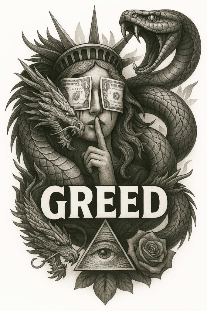 Portrait of a woman with a dragon coiling around her head, dollar bills over the eyes, a rose, and an eye-in-triangle; black and grey tattoo design project, cover-up.