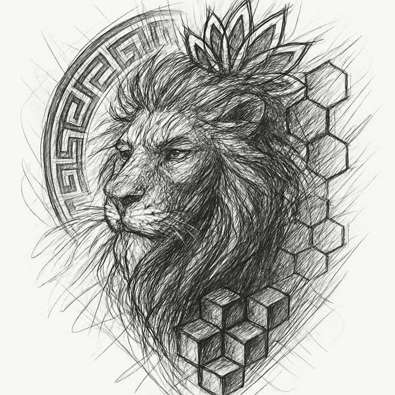 Lion, circle backdrop, and cubes pattern; black and grey; project idea; cover-up suitable.
