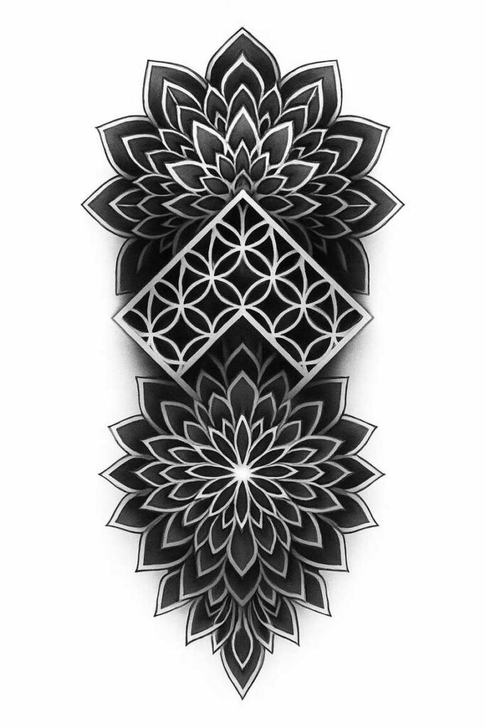 Two black-and-grey lotus mandalas frame a central diamond with interlocking circle pattern; AI-generated tattoo project; cover-up ready.