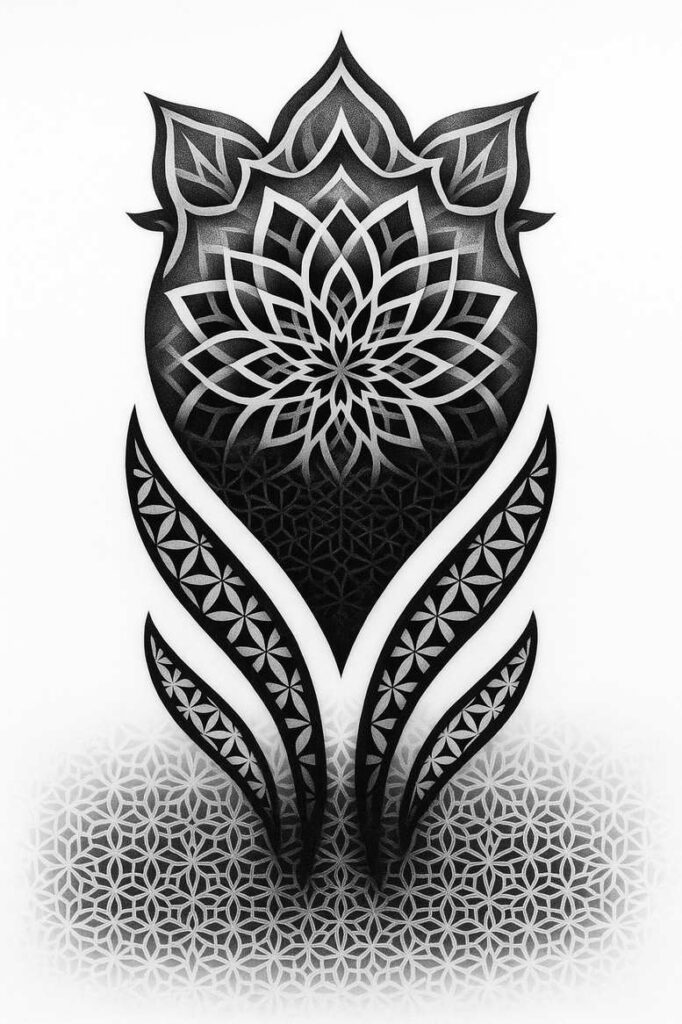 Lotus flower in black and grey with layered petals, curved stems, and a geometric pattern at the base; tattoo project for cover-up.