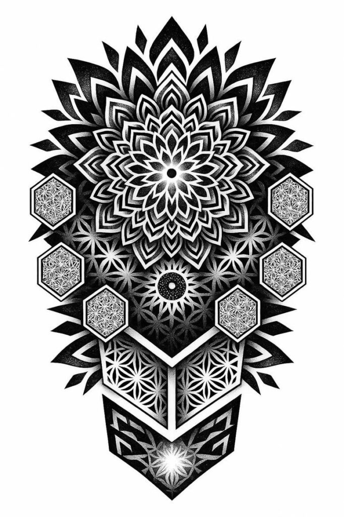 Black and grey mandala centerpiece with hexagon panels and triangle motifs; AI-generated tattoo project idea, ideal for a cover-up.