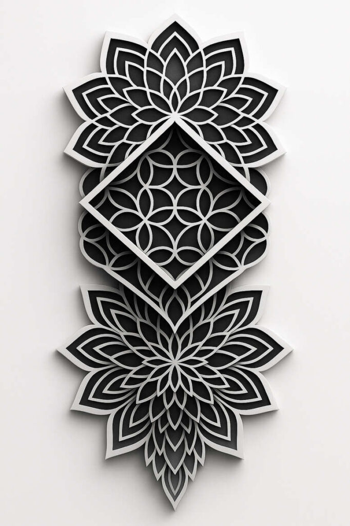 Black and grey lotus, frame, and circle pattern; AI-generated tattoo project; perfect for a cover-up.