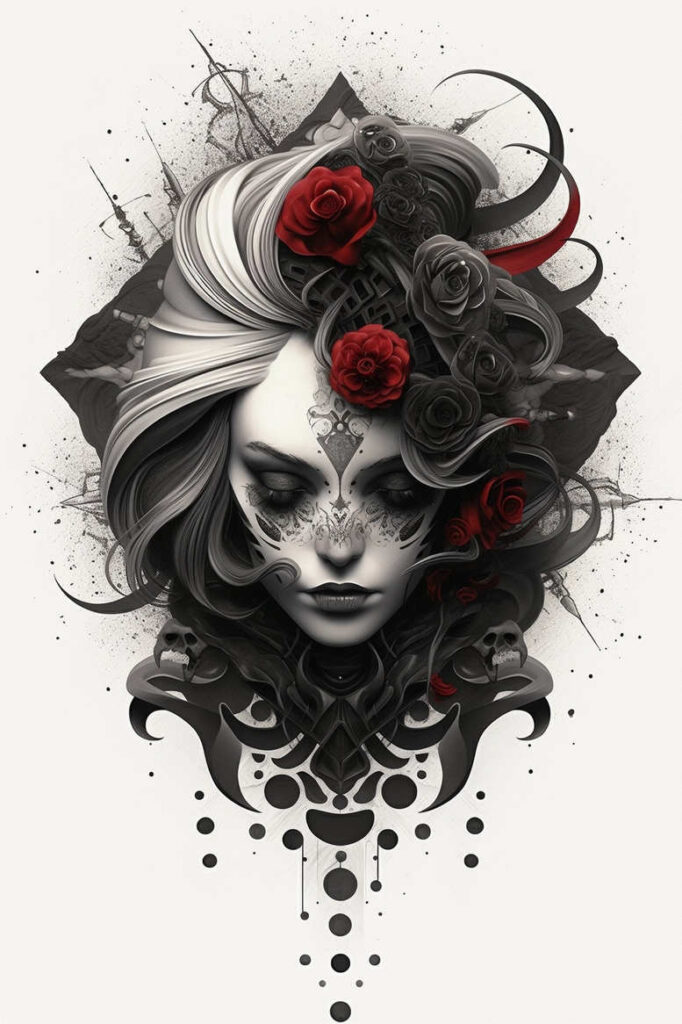 Portrait of a woman with black and grey hair, lace-like facial makeup, and red and charcoal roses; ink splashes and geometric accents; tattoo project idea; cover-up ready.
