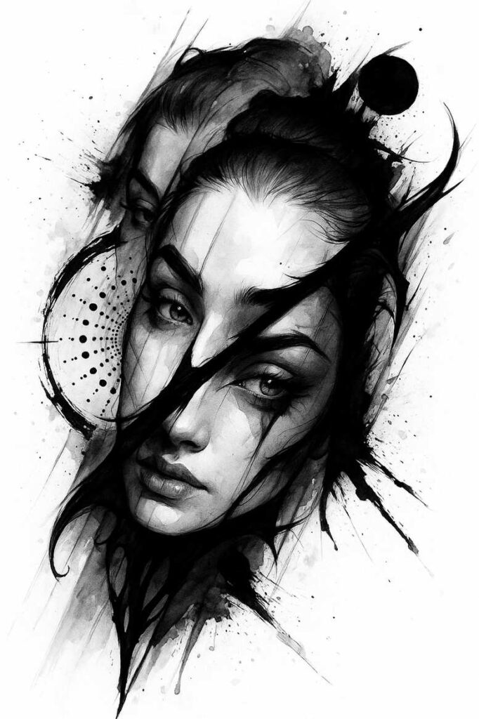 Face and hair in black and grey ink-splatter portrait, AI-generated tattoo project, cover-up ready.