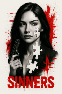 Black and grey portrait of a woman holding a gun, puzzle pieces on her face, red paint splash background; ai-generated tattoo project idea; cover-up suitable.
