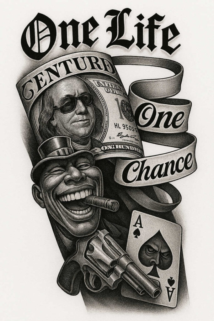 Black and grey tattoo study: money roll, smiling man with sunglasses and cigar, revolver, ace of spades card; AI-generated tattoo project; cover-up ready.