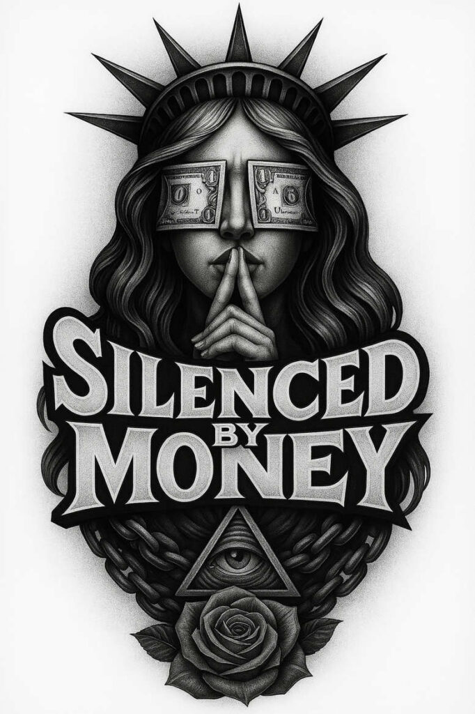 Black and grey tattoo design: woman with Statue of Liberty crown, money eyes, praying hands, 'SILENCED BY MONEY' banner, eye-triangle, chain, and rose; AI-generated, perfect for cover-up.