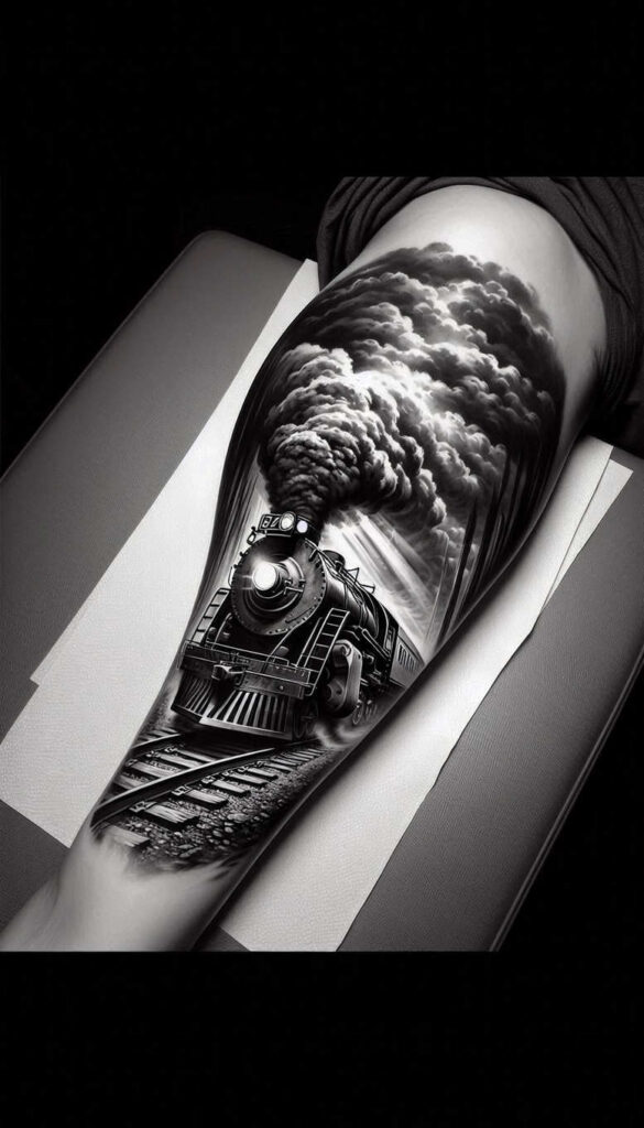 Train locomotive in black and grey; clouds around the engine; rails visible; cover-up-ready tattoo project; AI-generated.