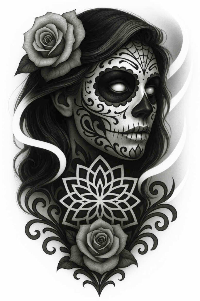 Face in black and grey sugar skull makeup with roses, flowing hair, and a geometric mandala; tattoo project idea, perfect for cover-up.