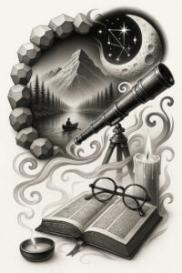 Telescope and a circular ring of geometric polyhedrons overlook a misty lake with mountains and pine trees; foreground shows an open book with spectacles, a candle, and curling smoke; all in black and grey; tattoo design idea for a cover-up.