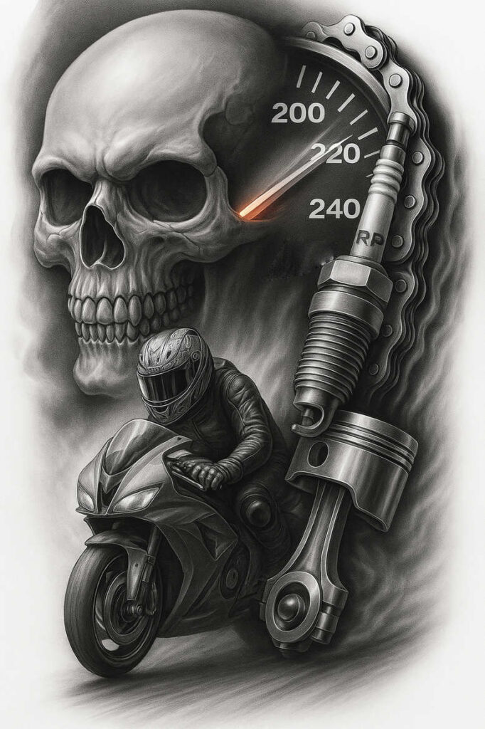 Skull, motorcycle, rider, piston, spark plug, dial, and wheel in black and grey; AI-generated tattoo project; cover-up-ready.