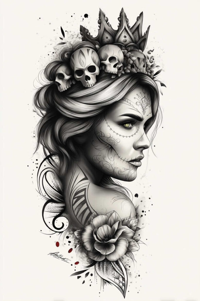 Black and grey portrait of a woman in profile with a skull crown, floral bloom on the shoulder, and ornate face/neck linework; AI-generated tattoo project; perfect for a cover-up; pattern.