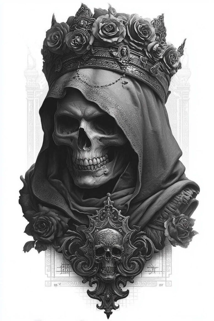 Black and grey skull wearing a hood, ornate crown of roses, and a decorative medallion; project idea for a cover-up tattoo (AI-generated).